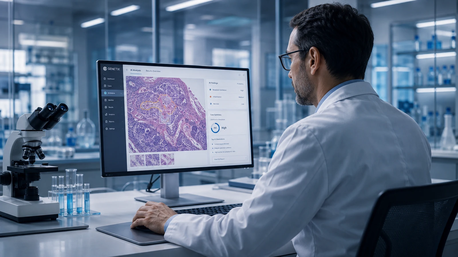Clinical specialist reviewing AI-assisted digital pathology analysis in a medical laboratory.