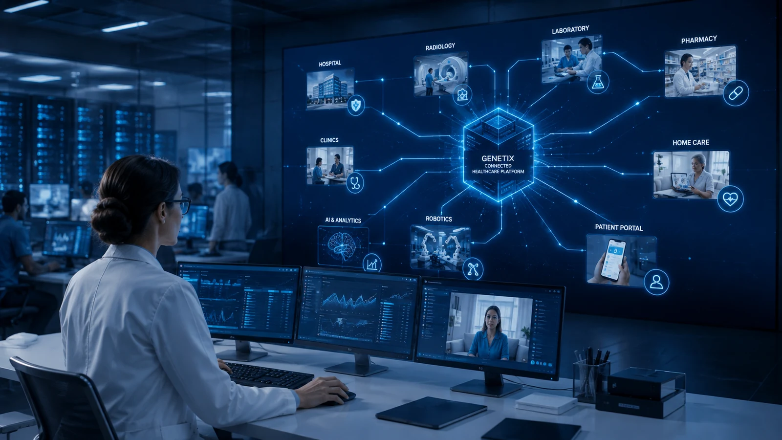 Genetix connected healthcare platform linking hospitals, clinics, radiology, laboratories, pharmacy, home care, AI, robotics and the patient portal.
