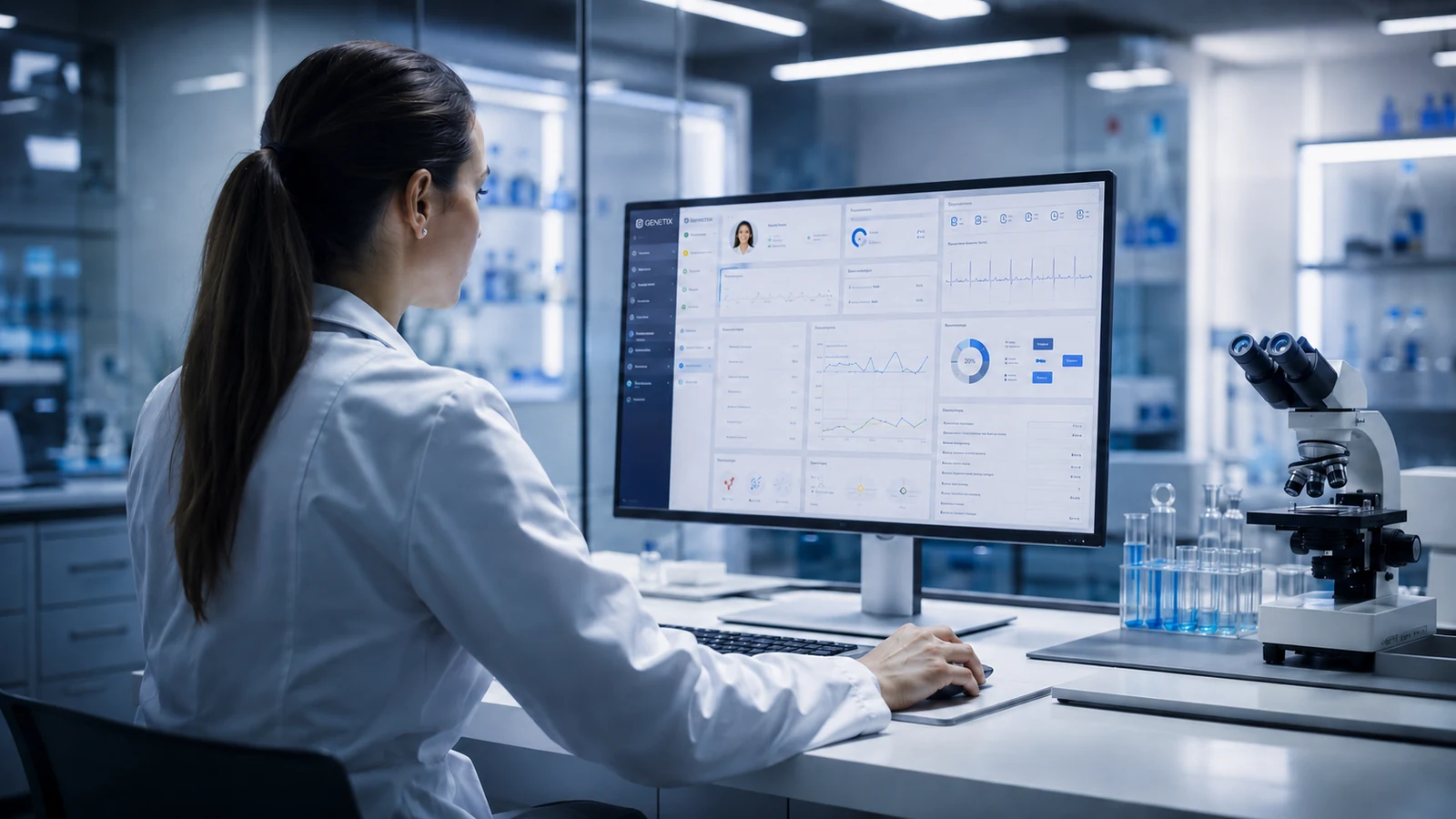 Healthcare professional working with the Genetix electronic health record and clinical information system.